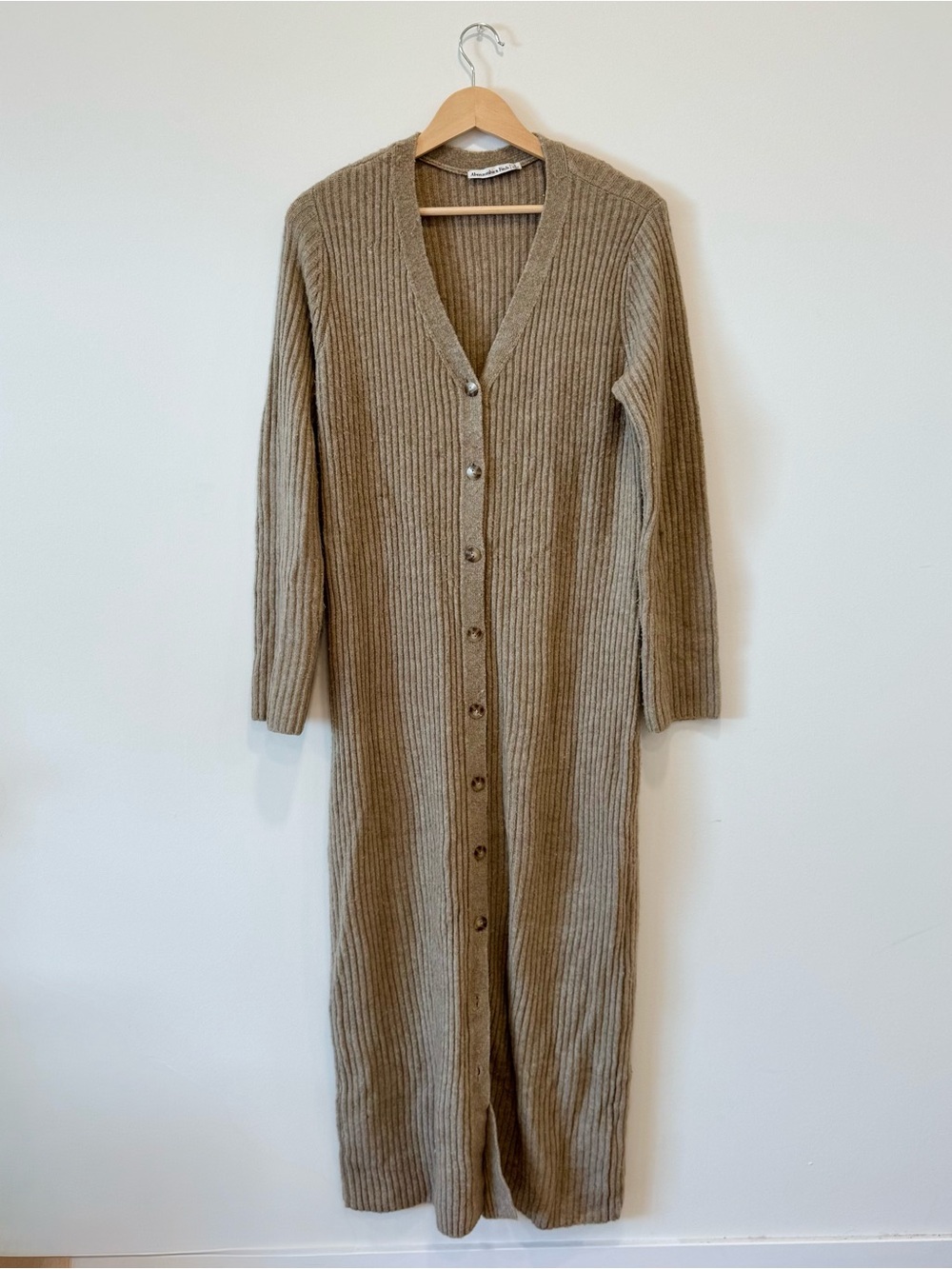 Abercrombie & Fitch ribbed knit cardigan dress oversized in tan & brown